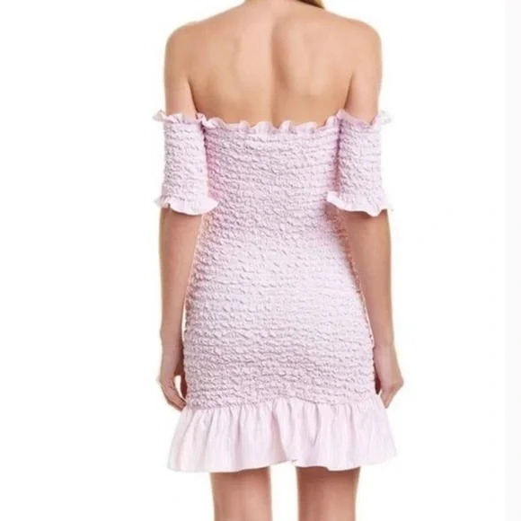 NWT Petersyn Revolve Diana Smocked Off The Shoulder Ruffle Pink Dress Women's M - Picture 2 of 8